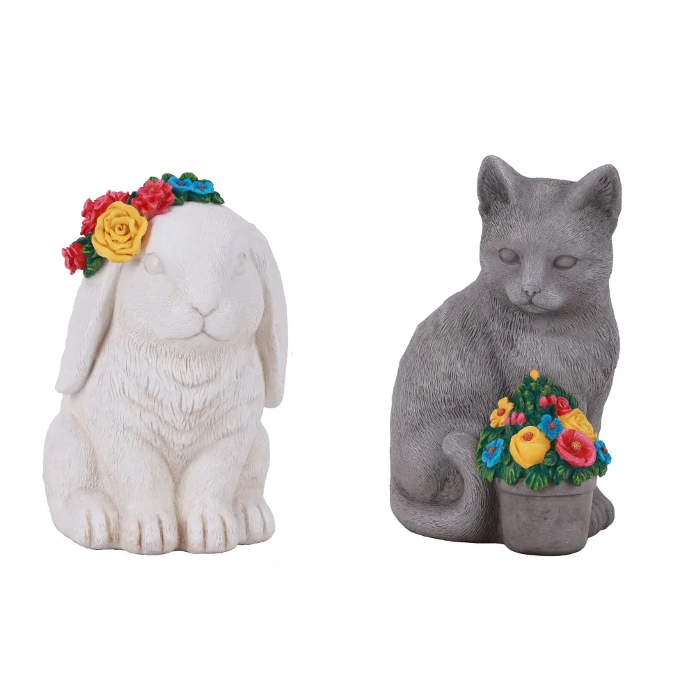 The Pioneer Woman 2 Pack White Bunny Grey Cat Garden Statue, 5.5in L x 6.75in W x 8.75in H