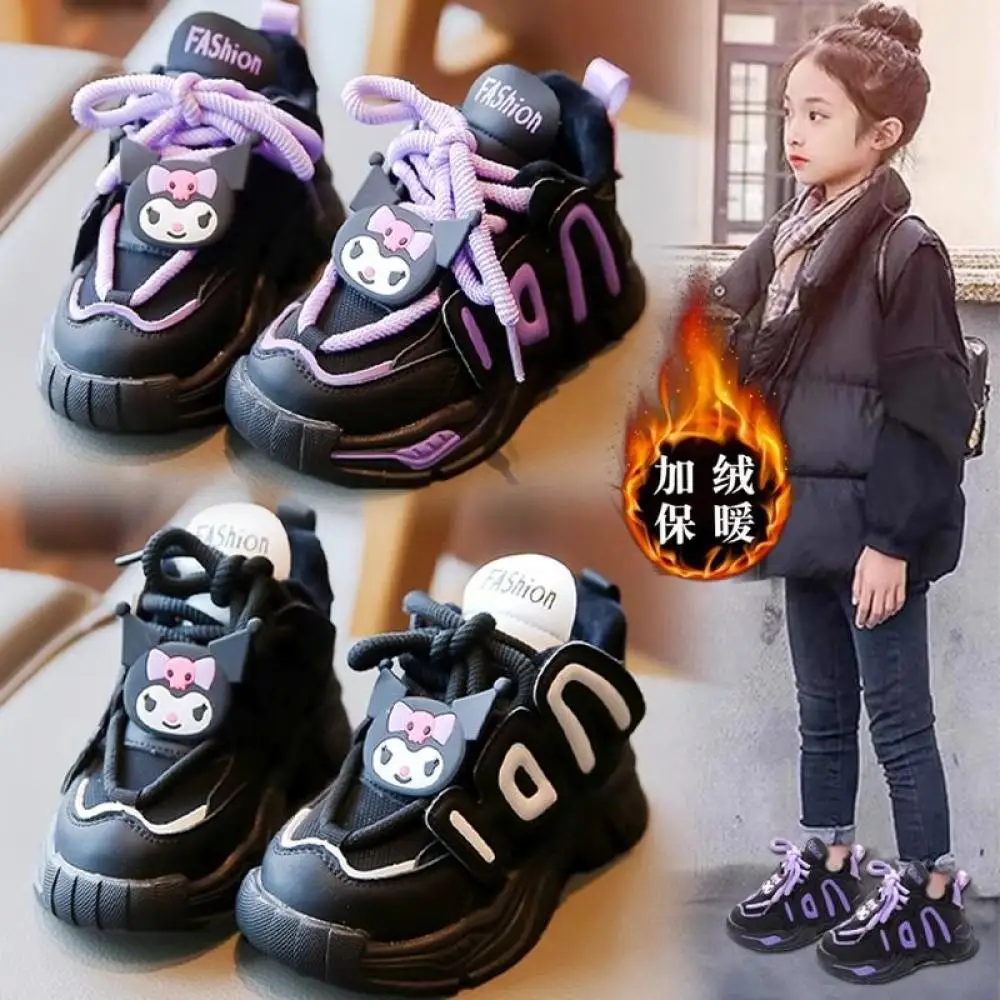 Anime Winter Kawaii Child Kuromi Girls Plus Velvet Cotton Shoes Sneakers Sports Shoes Sanrios Cartoon Cute Warm Casual Shoes