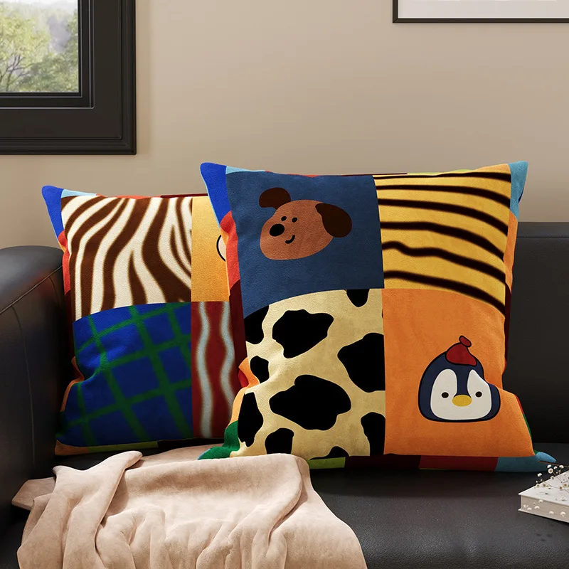 Cartoon Patchwork Animal Throw Pillow Cover Cute Dog Penguin Zebra Cow Print Cushion Case Colorful Splicing Pillowcase For Sofa