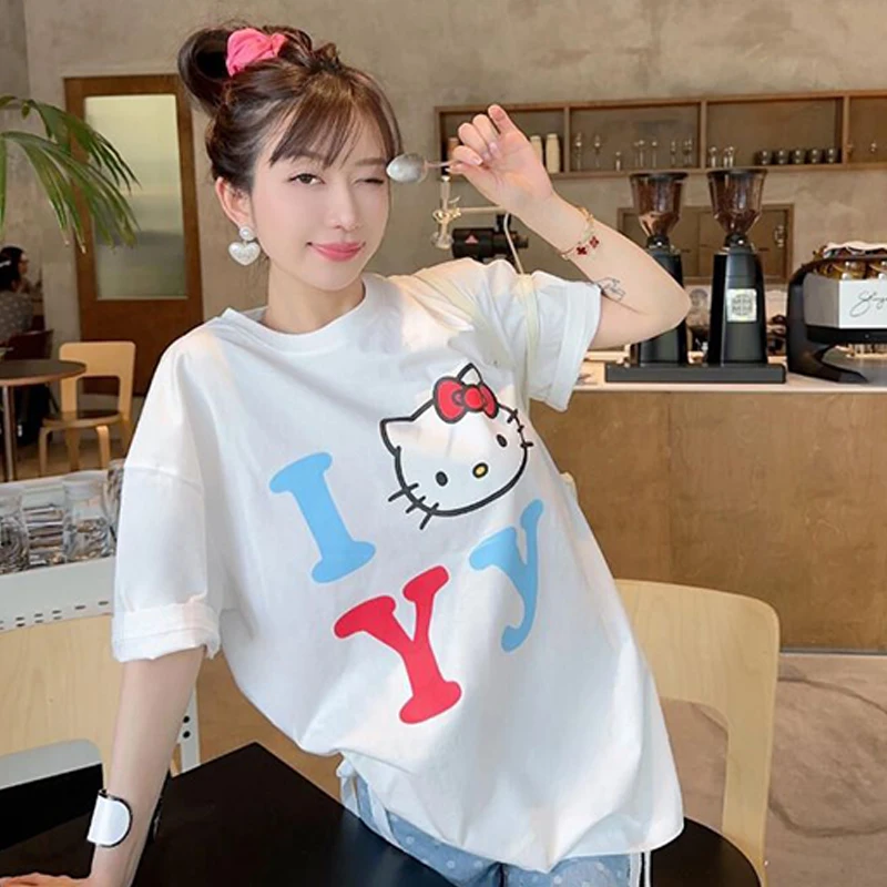 女性のためのハローキティプリントTシャツ,白いカワイイトップス,和風,サンリオ服,ゆったりとした服,かわいい子猫猫,y2k