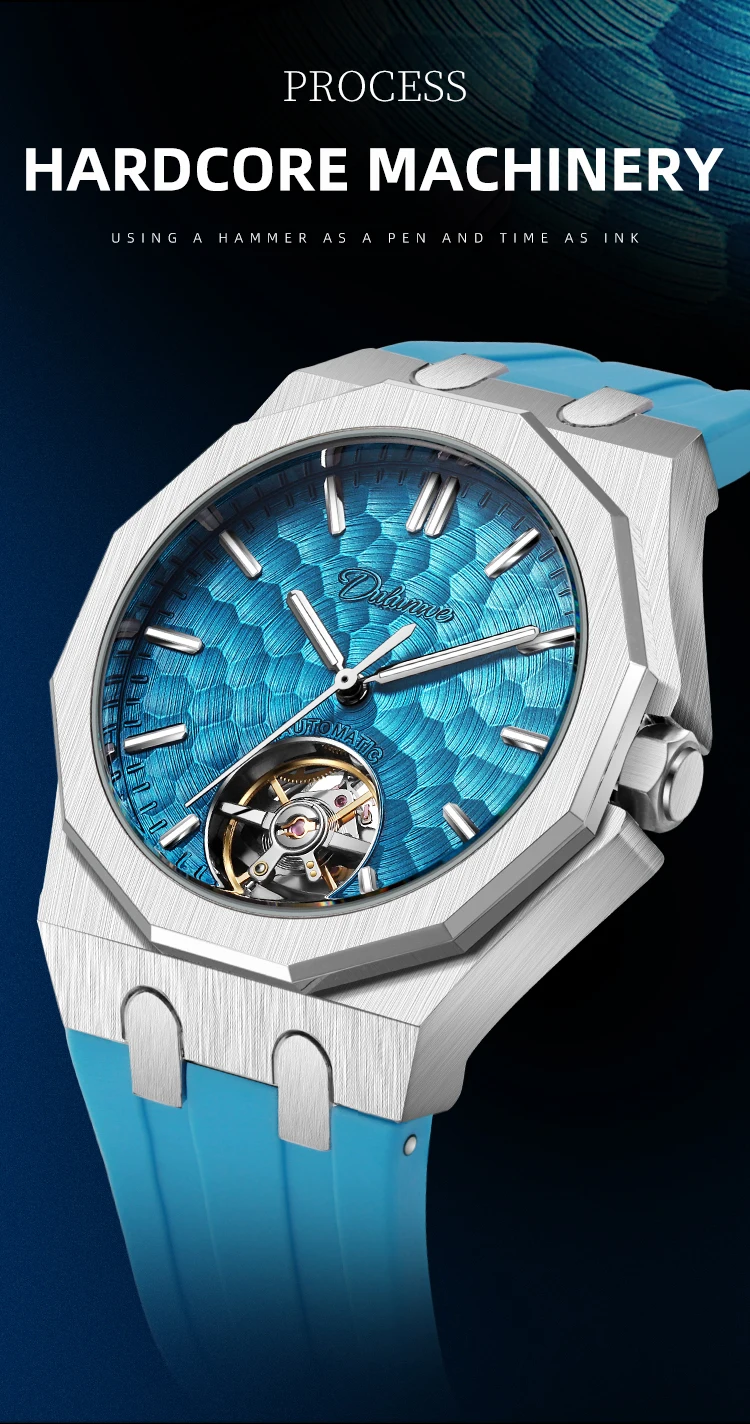 Automatische mechanische Herrenuhr mit orangefarbenem Zifferblatt, Skelett-Tourbillon, achteckige Armbanduhr aus Edelstahl, luxuriöse wasserdichte Uhr – Detail 1