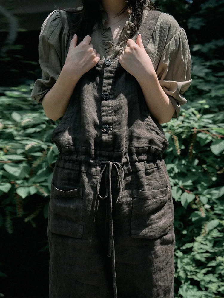 ชุดเอี๊ยมผ้าลินินสีพื้น Viaplain สำหรับผู้หญิง รุ่นใหม่ประจำฤดูใบไม้ร่วง สไตล์วินเทจ ผ้าพลิ้ว ทรงหลวม สายผูกเอว กางเกงขายาวเอวสูงทรงขากว้าง