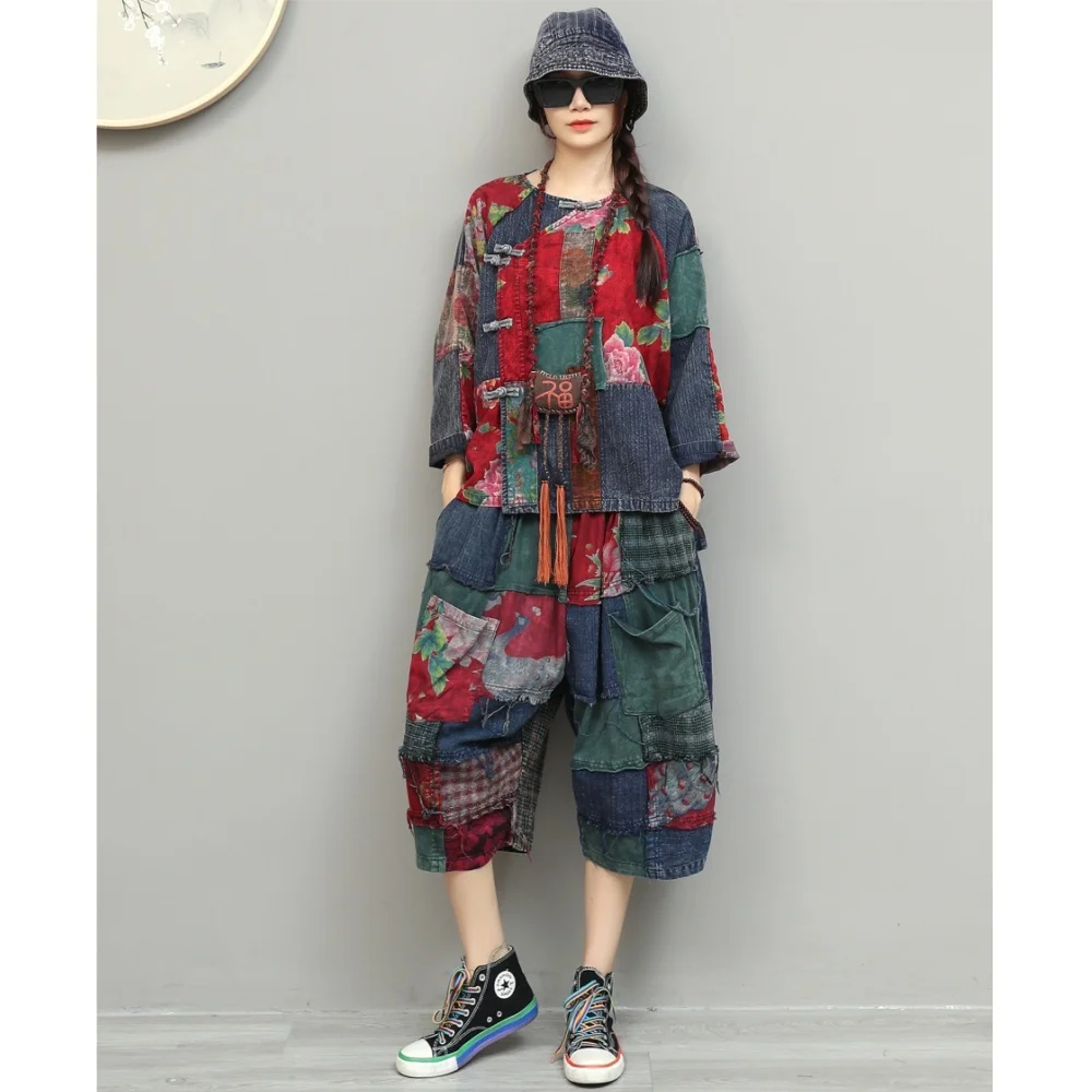 

Vintage Floral Patchwork Suit Women 2026 Summer Chinese Style Top + Loose Cropped Pants Two Piece Set XY88