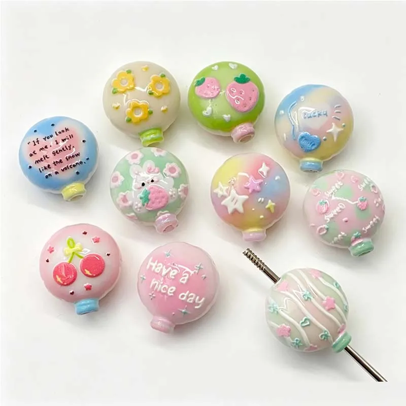 10pcs Through Hole Beads Double Sided Embossed Flower & Hot Air Balloon DIY Accessories for Pen Phone Chain Keychain Ornaments