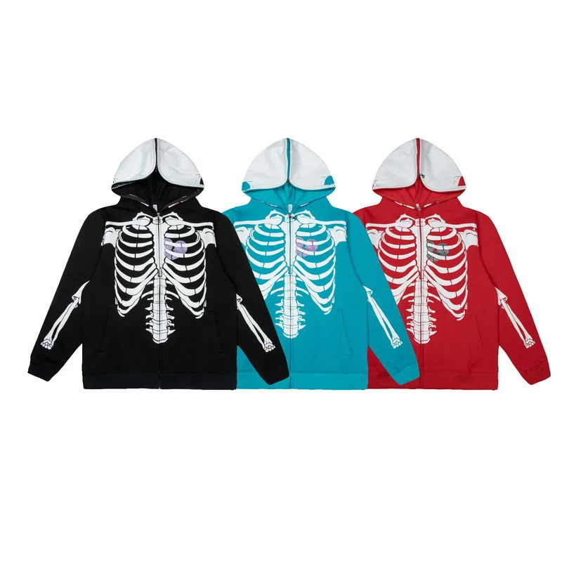 

2025 KAPITAL dark skeleton black sweatshirt men and women hoodie couple Harajuku wind casual zipper sweater tide
