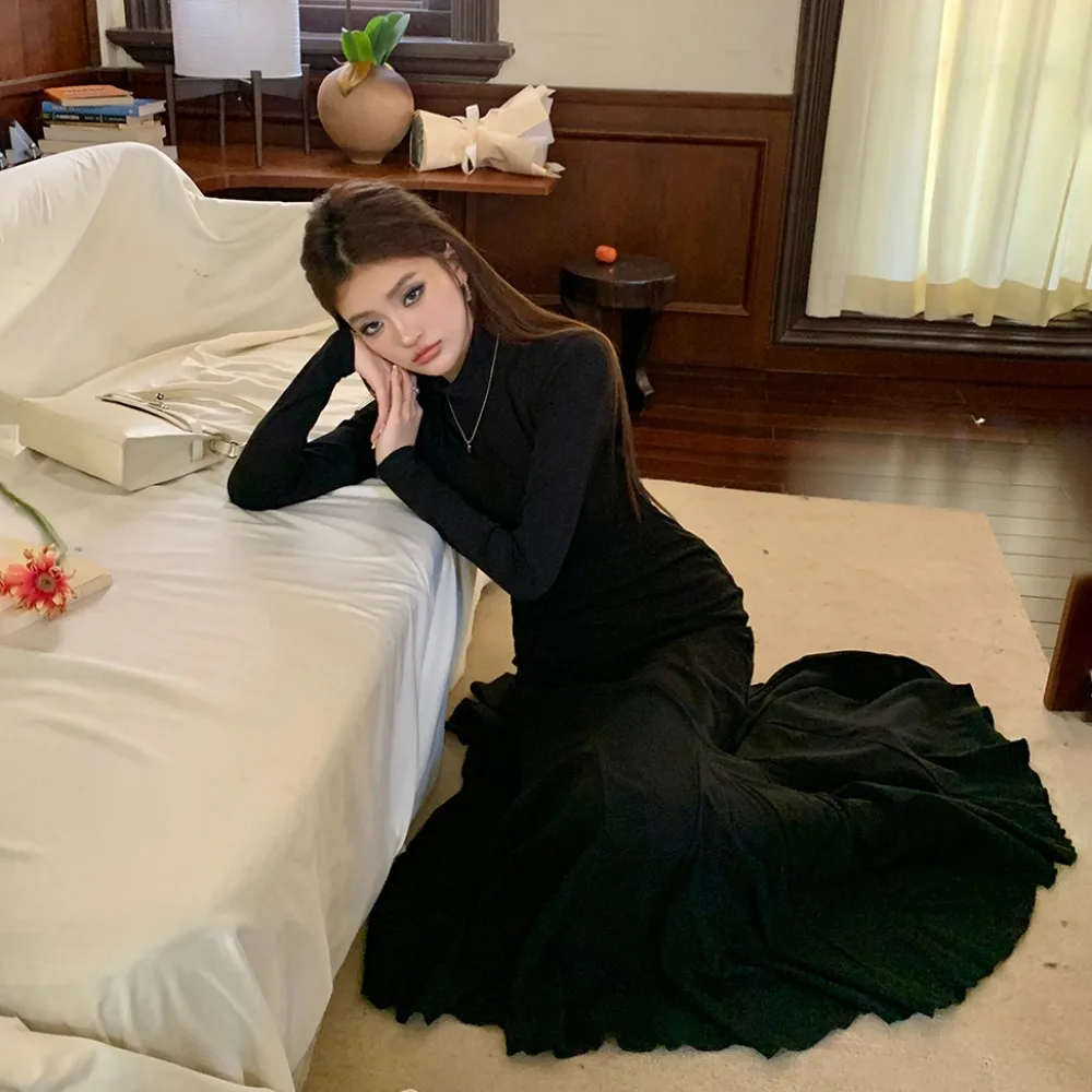 2025 outono novo coreano high street meia alta pescoço vestido feminino cabido interior usar camada base a linha sereia vestido longo senhora do escritório