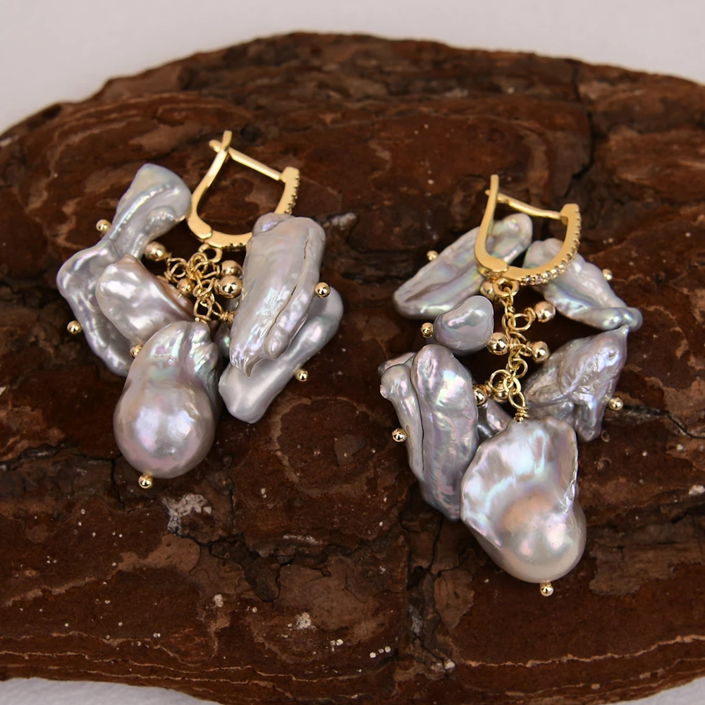 GG مثقف رمادي بيوا كيشي لؤلؤة متدلية أقراط اللؤلؤ الباروك الزركون معبد هوك