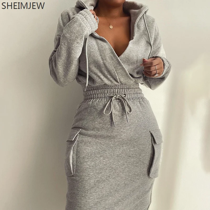 2023 Autumn/Winter Casual Long Sleeve V-Neck Lowcut Dress Flap Detail Drawstring Waist Hooded Dress Premium Solid Dress