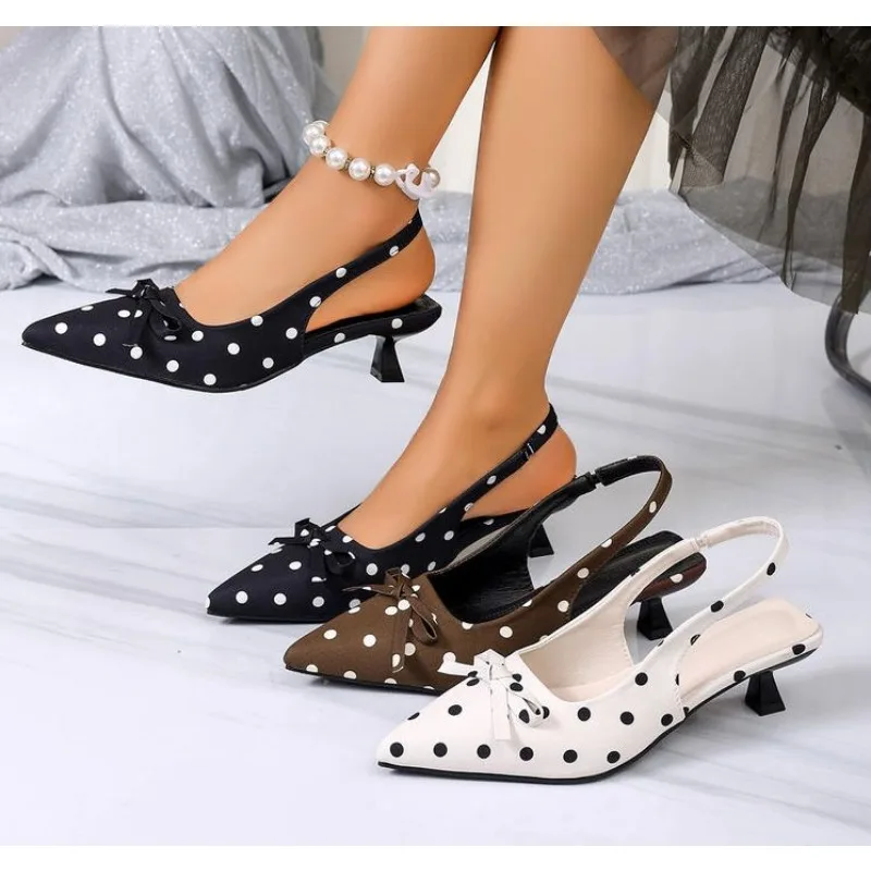 Summer High Heels Polka Dot Women Sandals Fashion Singbacks Mules Shoes Elegant Satin Butterfly-knot Stripper Party Sandalias