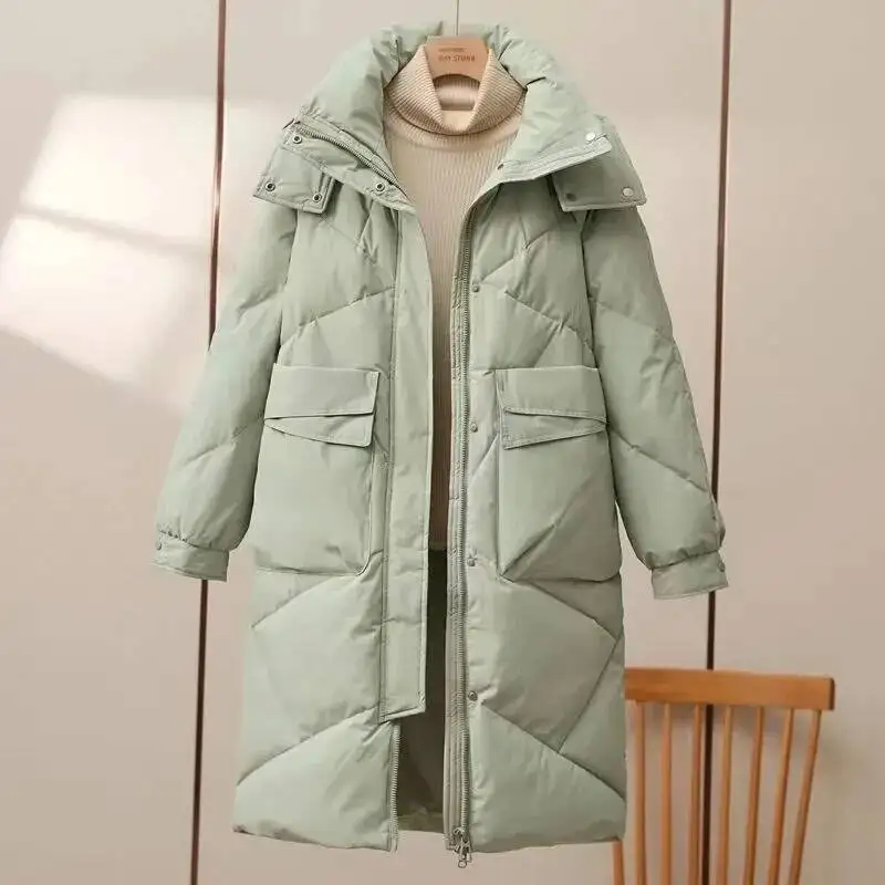 

2025 New Long Down Jacket Korean Loose Cotton Thicken Warm Women Parkas Winter Outwear Hooded Coat