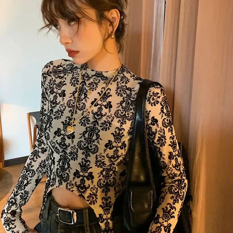 GIDYQ Vintage Printing T Shirts Women Korean Mesh Flocking Long Sleeve Irregular Crop Tees Harajuku Slim Thin Ladies Tops Autumn