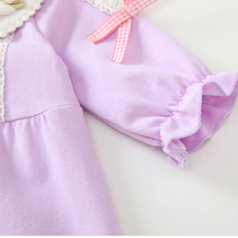 2024 Korean Baby Kids Autumn Climbing Newborn Wear New Lilac Jumpsuit European American Children Light Luxury Bow Belt Clothes