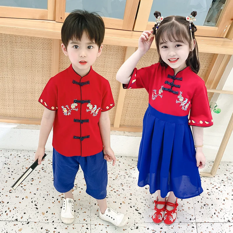 Conjunto de dos piezas de Hanfu antiguo tradicional para niños y niñas, traje Tang con estampado de botones Vintage de estilo chino, juego de rol