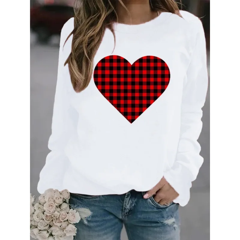 Europe and United States Valentine's Day New Round Neck Long Sleeve Sleeve Casual Plaid Love Printed Fleece Hoodie Sweatshirt