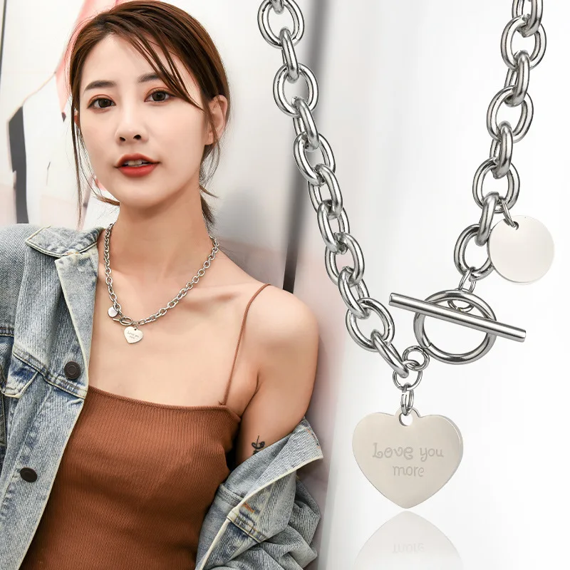 New titanium steel heart-shaped letter pendant, versatile hip-hop necklace, short sweater chain, cool girl style neck chain