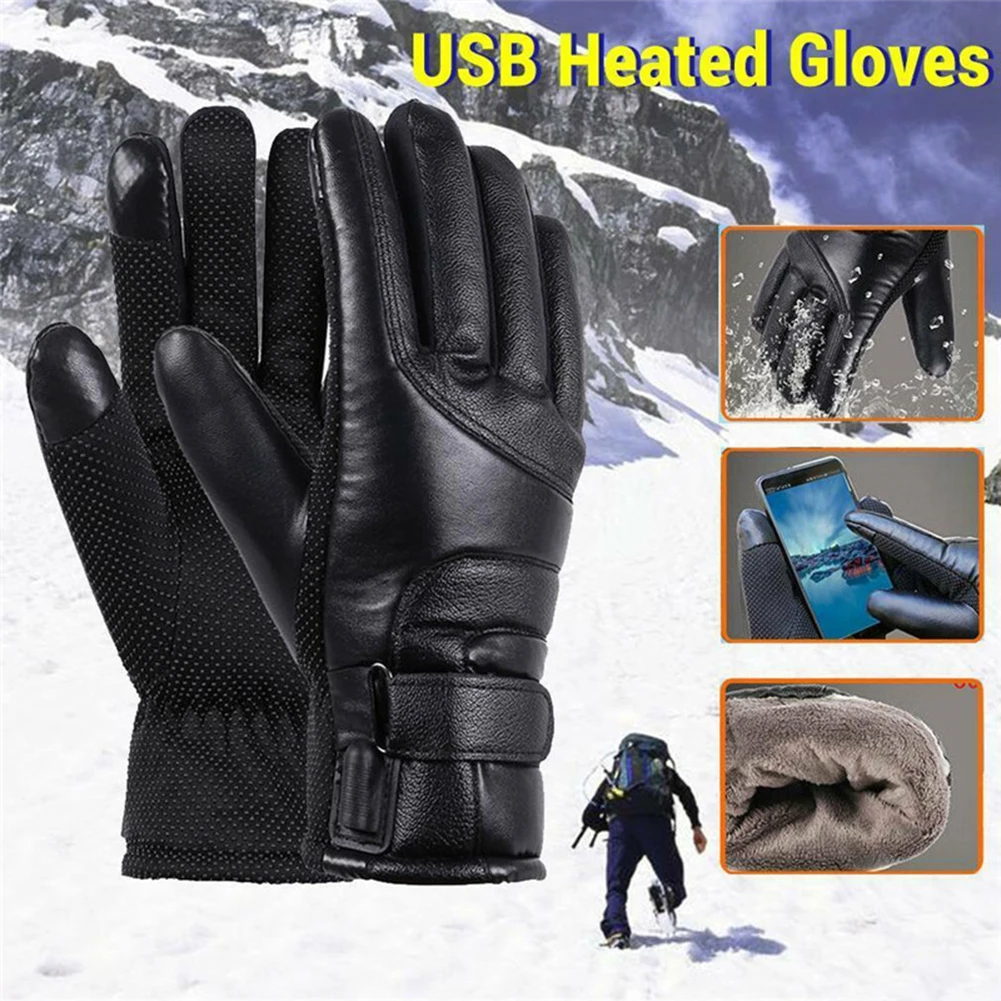 

USB Heated Gloves PU Leather Winter Electric Warming Gloves Moto Heating Gloves Outdoor Warm Gloves for Fishing Riding Cycling