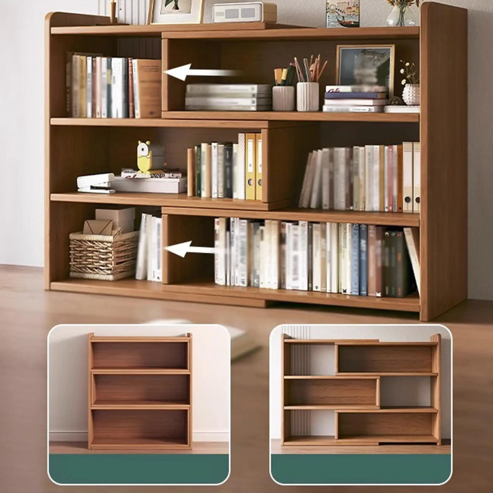 Wooden Bookcase Freestanding Storage Organizer Adjustable Expandable Horizontal Bookshelf for Indoor Home Bedroom Study Room image 3