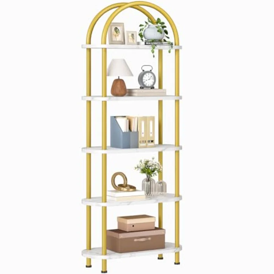 

5 Tier Open Bookshelf Industrial Arched Bookcase Display Shelf Rack Wooden Bookcase Storage Shelf Metal Frame Tall Storage Orga