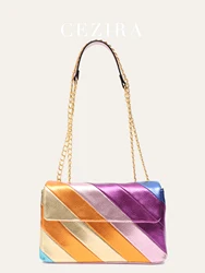 Cezira glänzende Regenbogen klappen taschen für Frauen Luxus mehrfarbige Patchwork Cross Body Schulter Handtaschen Metall kette quadratische Geldbörsen