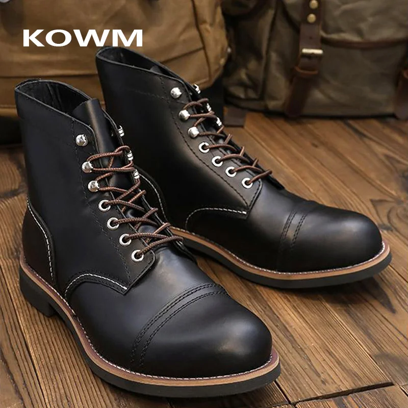 KOWM Cowhide Goodyear Hiking shoes men's walking boots British  high top motorcycle boots ankle casual sneakers trekking shoes