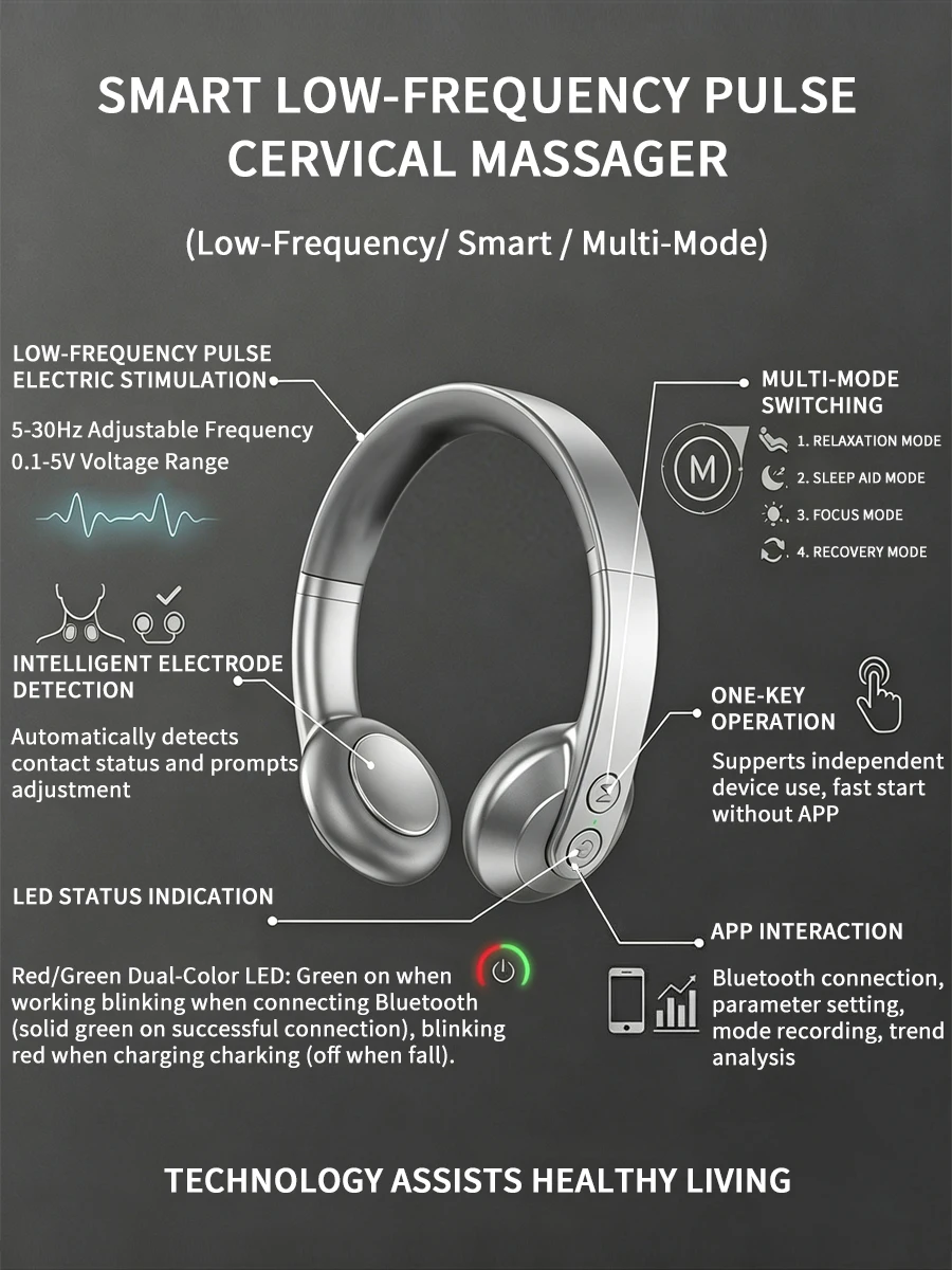 Vagus Nerve Stimulator Neck Massager 5-30Hz Low Frequency Pulse 4 Modes Relax Sleep Focus Recovery One Button Operation