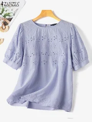 Summer Lace Crochet Blouse ZANZEA Elegant Women OL Work Casual Shirt Fashion Short Sleeve O Neck Blusas Female Holiday Tops 2024