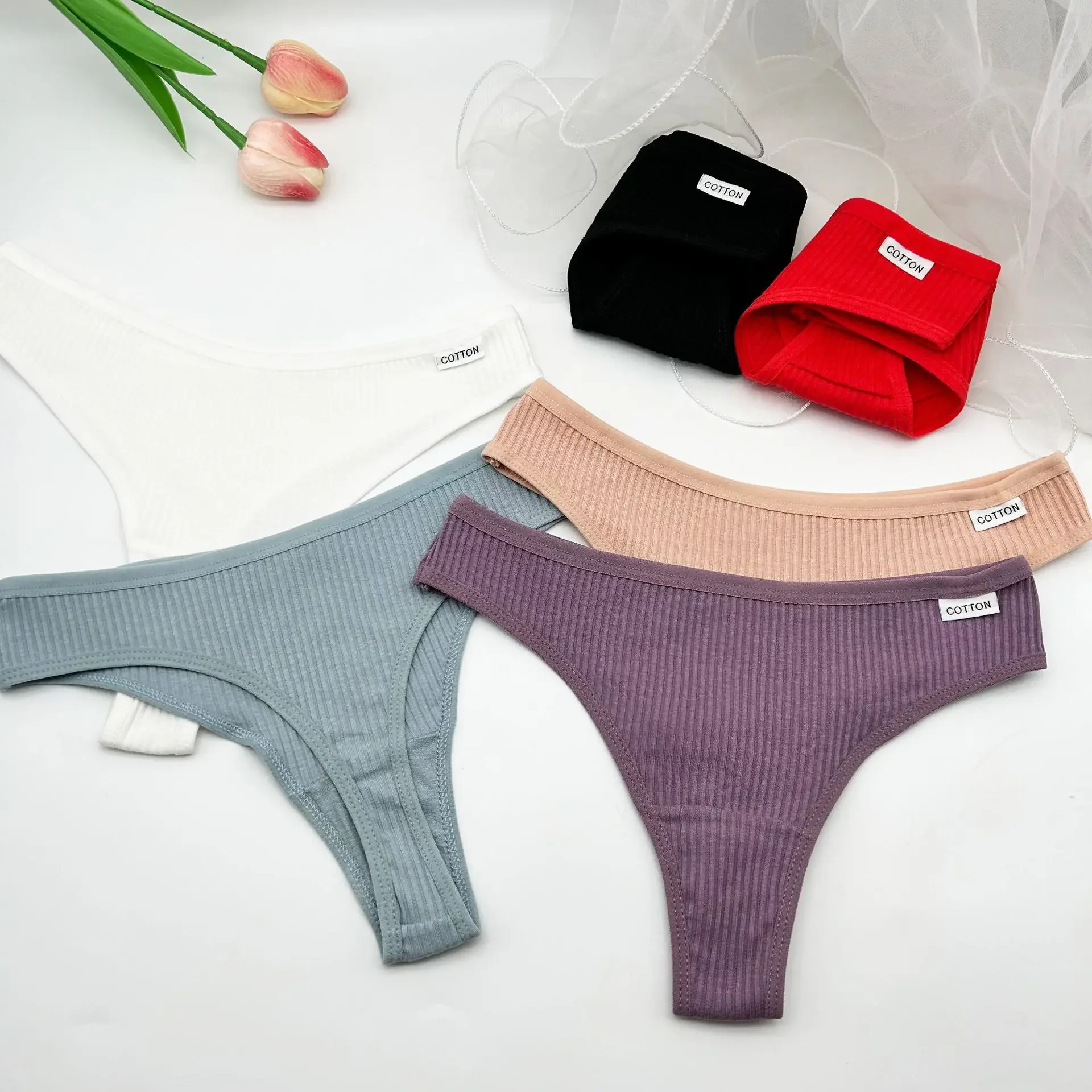 6Pcs/Set Women Cotton Thongs Panties Female Ribbed Low Rise G-String Ladies Sexy Bikini 7 Solid Color Girl Soft M-XL Intimates