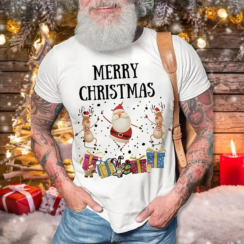 Cartoon Santa Claus Print T Shirt For Men Funny Christmas Elk Pattern T-Shirts Casual O-neck Short Sleeve Loose Tops X\'mas Tees