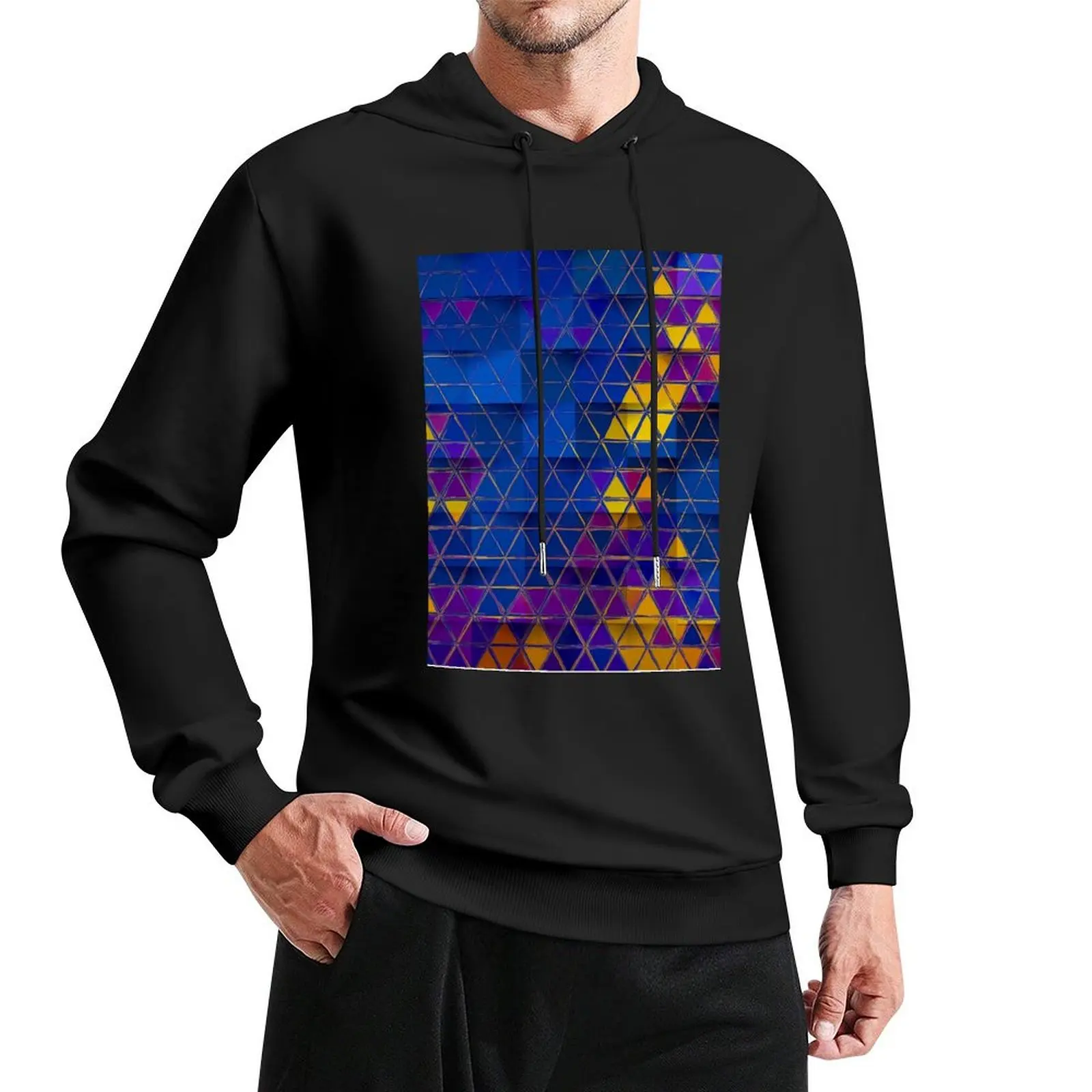 

Crazy Mosaic Triangles in Blue and Yellow Pullover Hoodie anime clothing mens hoodie