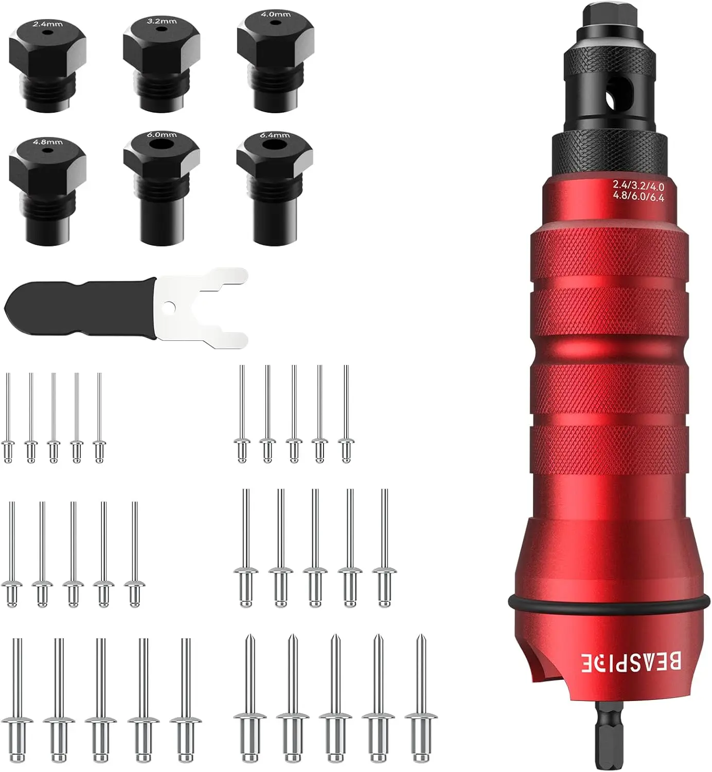 Cordless Rivet Gun Adapter Kit with 6 Heads & 30 Rivets for Easy Pop Riveting 2.4-6.4mm