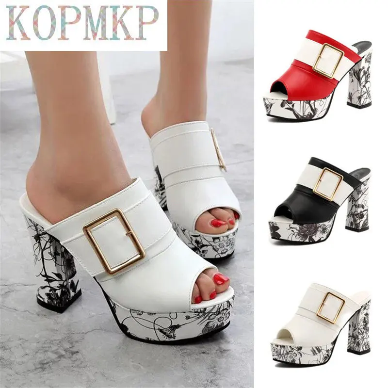 3Color Fashion Summer Women Elegant Buckle High Heel Sandals Peep Toe Platform Shoes Sexy Chunky Heel Shoes Lady Thick Heel 40