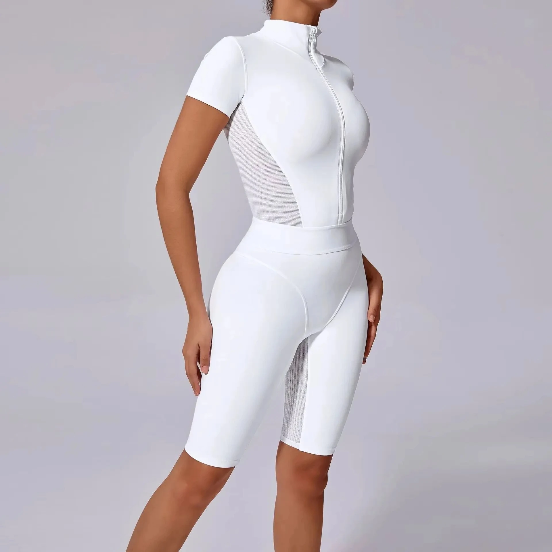 

Short-Sleeved Zipper Yoga Jumpsuits Sports Fitness Hip-lifting Short Tights Romper Seamless Workout Gym Training Bodysuits Women