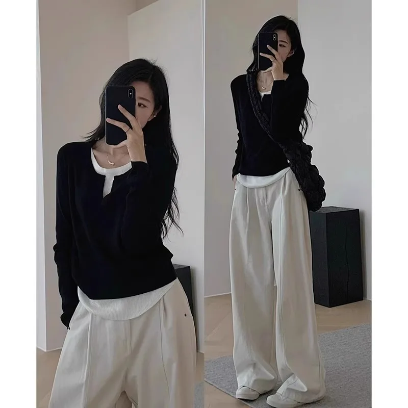 

Unique Irregul Hem Top For Women Spring And Autumn Inner Layer Fake Two-Piece Spliced Long Sleeve Slim Fit Base