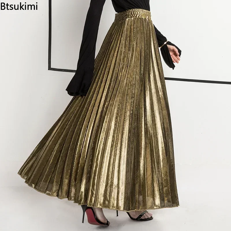 

New Women's Metal Color Pleated Maxi Skirt Dress Spring Fashion High Waist Big Swing Beach Skirts Elegant Party Long Skirt Femme