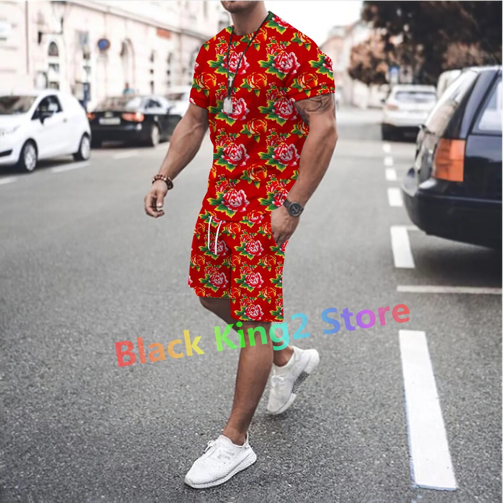 New Northeast Big Flower Design Clothing Chinese Style Men\'s Short Sleeve Suit Two-piece Set Women Tracksuit Trend Streetwear