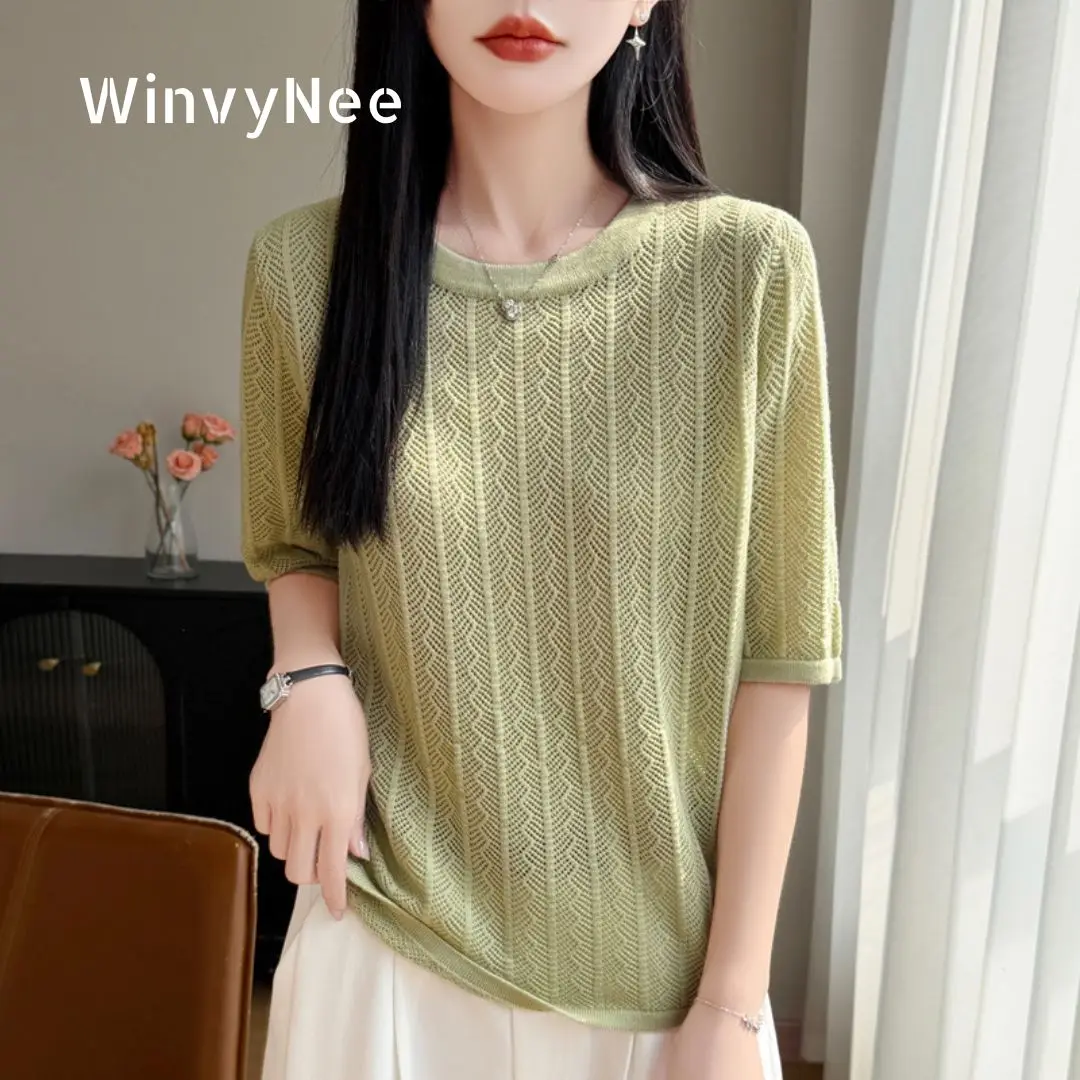 WinvyNee Women Garment Worsted Wool Small Ripple Hollow Out Short Sleeve T-Shirt Pullover O-Neck Tops Ladies Outfit ZA1807003