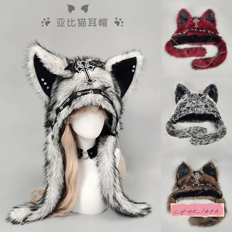 Design di nicchia giapponese Sottocultura Hottie Cat Ear Goth Cappello di peluche Autunno Inverno Halloween Punk Rock Accessori in metallo Cappello termico