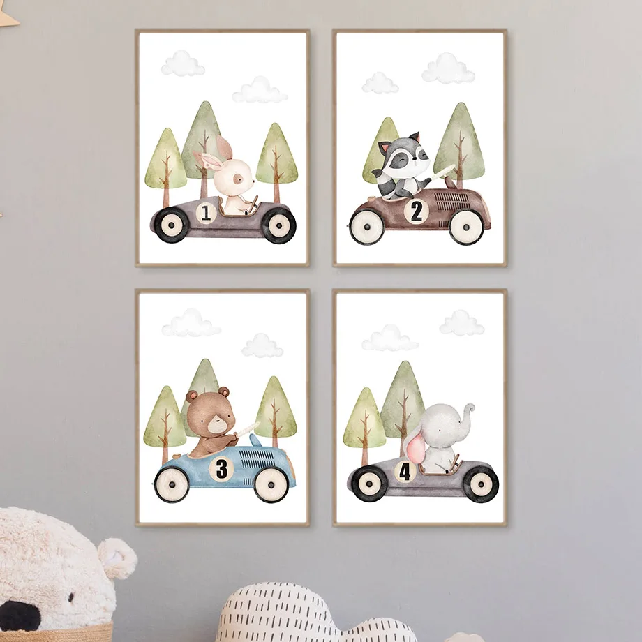Funny Animal Car Sun Rainbow Art Nursery Wall Poster Canvas Prints Bear Elephant Rabbit Children Kid Room Home Decor Pictures