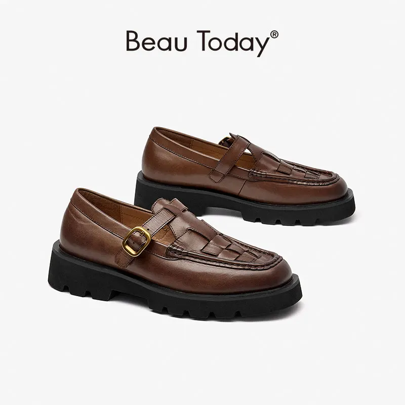 BeauToday Platform Women Genuine Cow Leather Mary Jane Weave Design Metal Buckle T-bar Strap Ladies Casual Shoes Handmade 28460