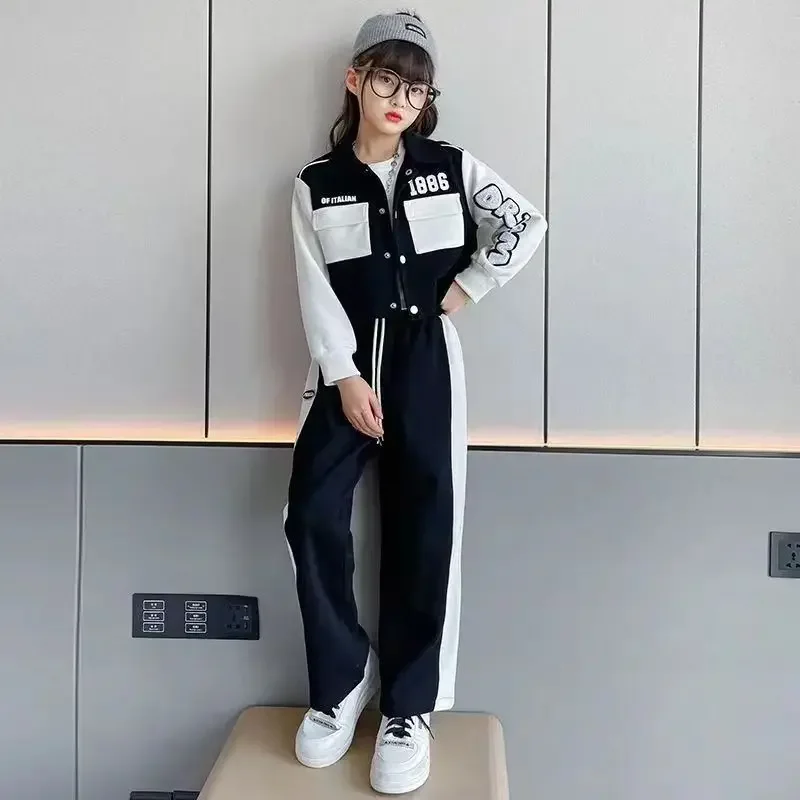 طقم معطف بأكمام طويلة وبنطال واسع للفتيات ، ملابس أطفال ، ملابس فتيات مراهقات ، رياضة ، موضة جديدة ، 2 في الخريف ، 6 ، 8 ، 10 ، 12 ، 14 سنة ،