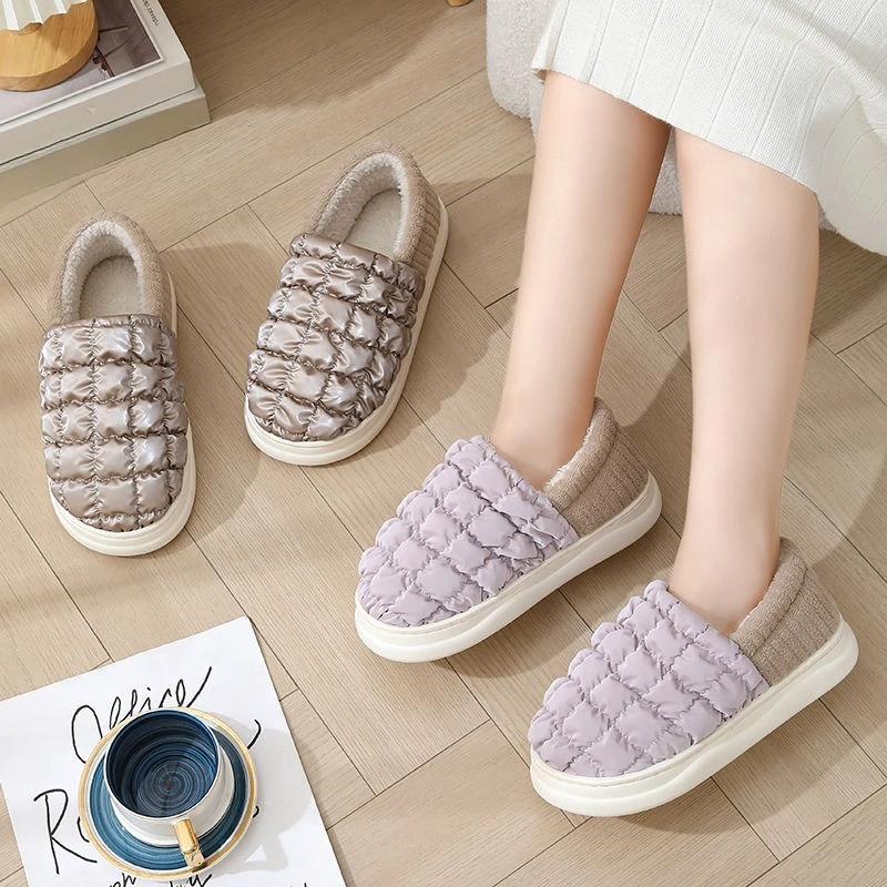 

​Postpartum Women's Thick Sole Simple Plaid Cotton Slippers Winter Indoor 2025 New Closed Heel Warm Home Shoes​