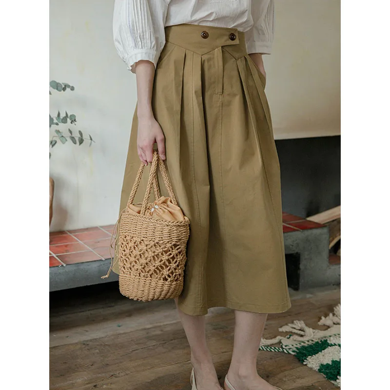 

Retro High Waist Slimming Khaki A-Line Midi Skirt Women's Spring Summer Ele Versatile Pleated Umbrella Skirt