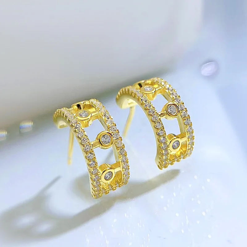 2024 New S925 Silver Dewdrop Full Diamond Earrings with Female Hollow Half Circle Retro Palace Style Earrings Hot Selling