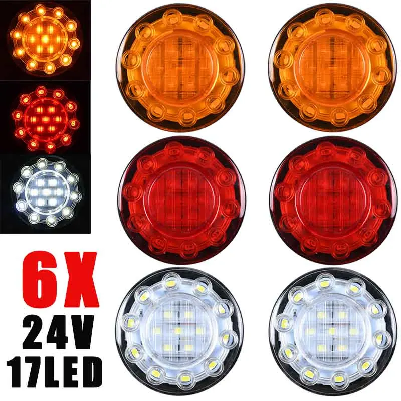 

6X 24V Universal 17 LED Round Rear Tail Lights Turn Signal Brake Stop Reverse Lamp Car Truck Trailer Lorry Red Yellow White