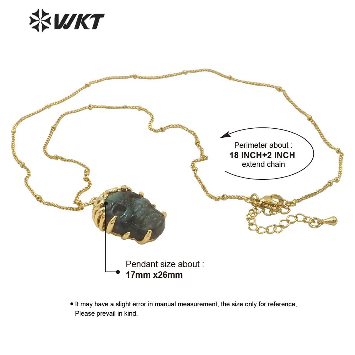 WT-N1462 New Arrival Special Skull Shape Labradorite Stone 18k Gold Plated For Rock Or Hip-Hop Lovers Unique Necklace