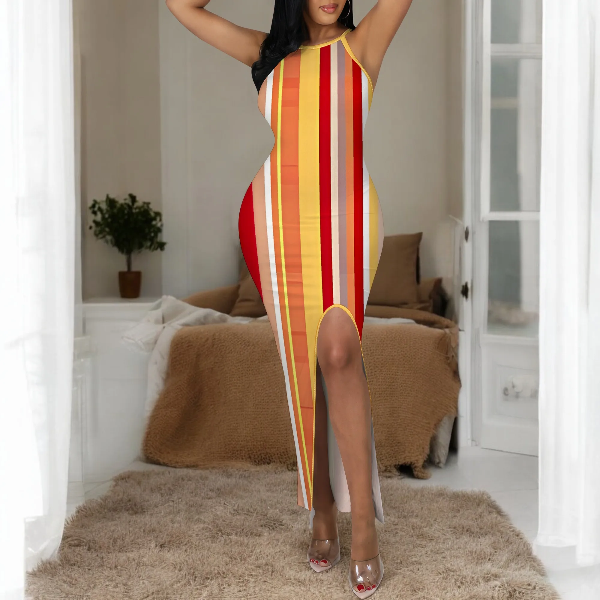 

Nupusa Striped Print Dress for Women Standard Size Summer Casual Halter Neck Sleeveless Slit Maxi Dress