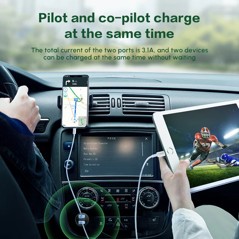 UGREENカーチャージャーアダプター 5V/3.1A USBカーチャージャーアダプター デュアルポート 12V USBコンセント iPhone対応 フラッシュフィット