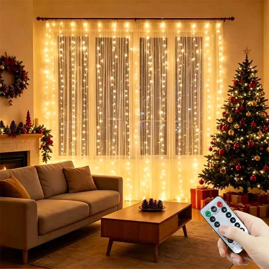 USB Power Christmas Decoration with Remote Control 8 Modes Light LED Garland Curtain Light String for Bedroom Home Wedding Party
