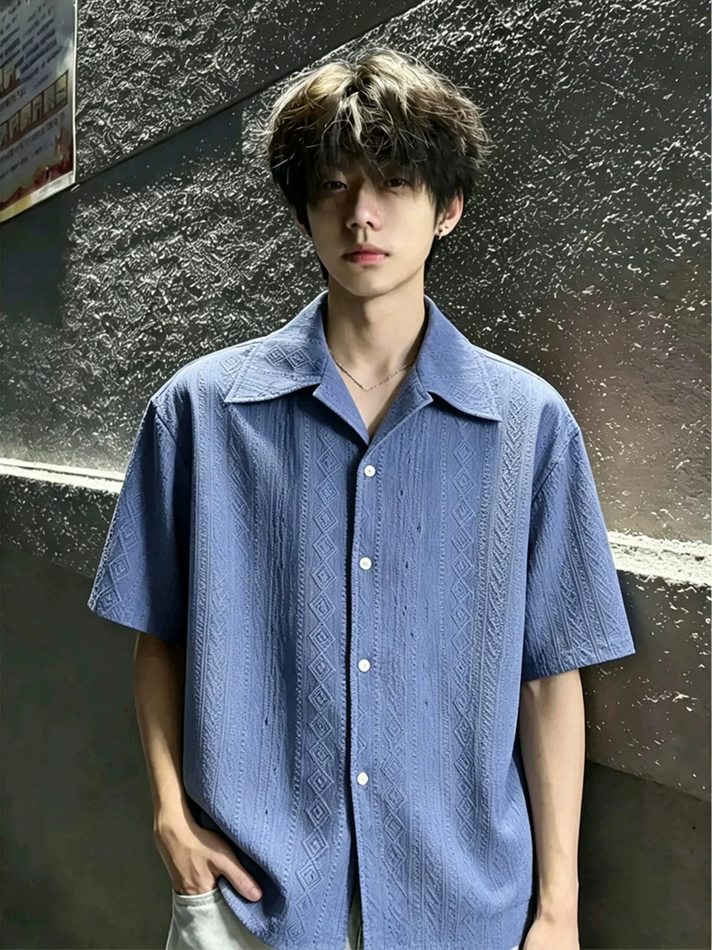 Men's Summer Short Sleeve Ice Silk Shirt Hollow out Cuban Collar Texture Embroidery Breathable Sun Protection Lightweight Casual