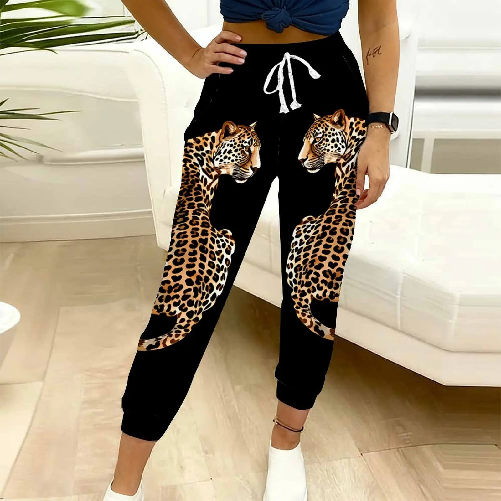 Autumn Winter Women's Fashion Cheetah Print Ninth Pants Casual Drawstring Design Pants Women Casual Sport Pants